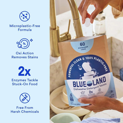 BLUELAND 100% Plastic-Free Dishwasher Detergent Tablets 120ct, Free & Clear