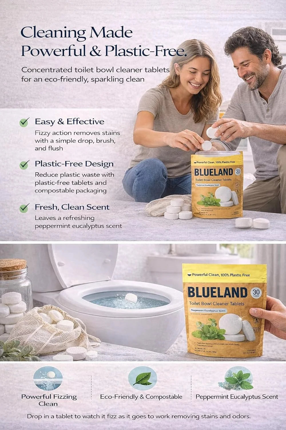 BLUELAND Toilet Bowl Cleaner Tablets. Peppermint Eucalyptus Scent. 30 Tablets.