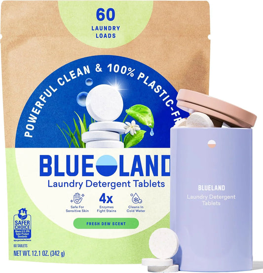 BLUELAND 100% Plastic-Free Laundry Detergent Tablets Set, Fresh Dew