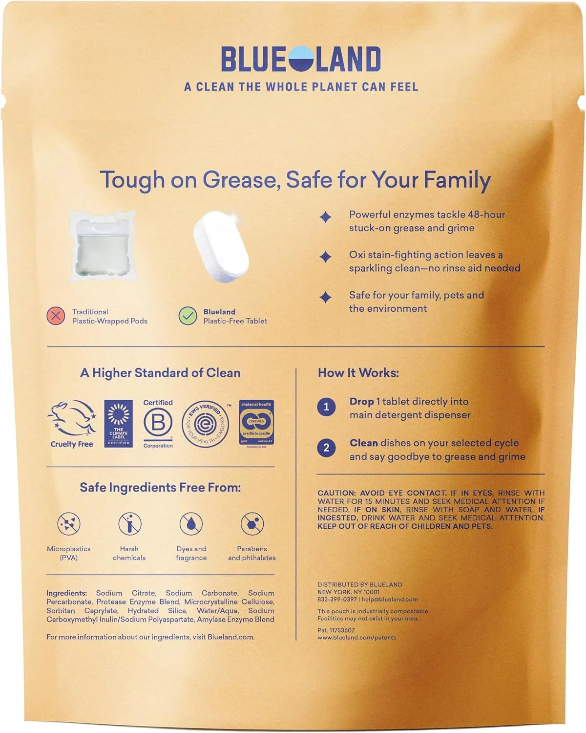 BLUELAND 100% Plastic-Free Dishwasher Detergent Tablets 120ct, Free & Clear