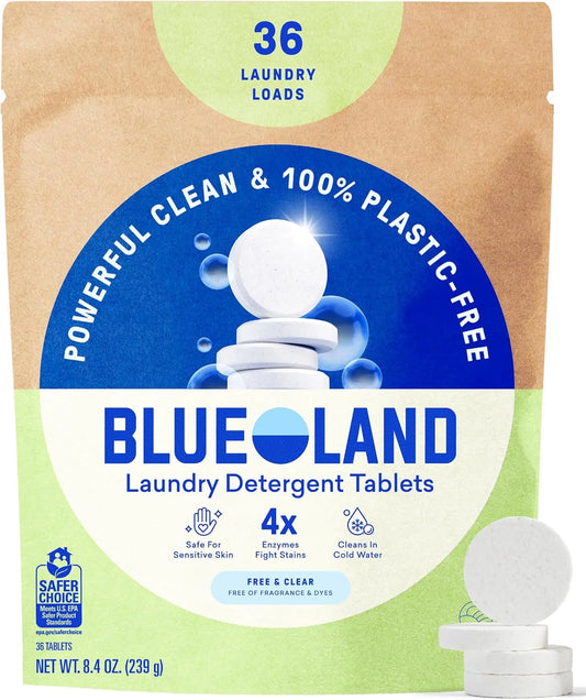 BLUELAND 100% Plastic-Free Laundry Detergent Tablets, 36ct, Free & Clear
