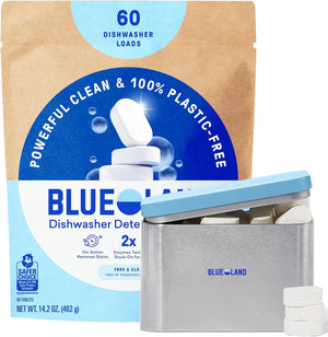 BLUELAND 100% Plastic-Free Dishwasher Detergent Tablets Set, Free & Clear