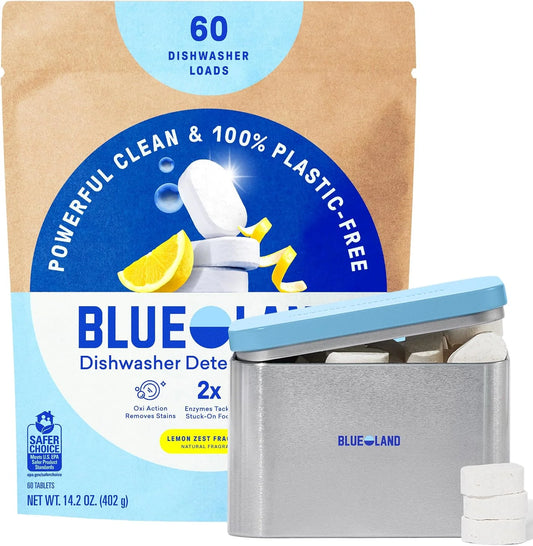 BLUELAND 100% Plastic-Free Dishwasher Detergent Tablets Set, Lemon Zest