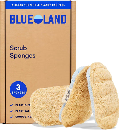 BLUELAND Scrub Sponge, 3-Pack, Dual-Sided Dish Loofah, Plastic-Free