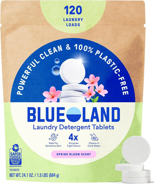 BLUELAND 100% Plastic-Free Laundry Detergent Tablets, 120ct, Spring Bloom