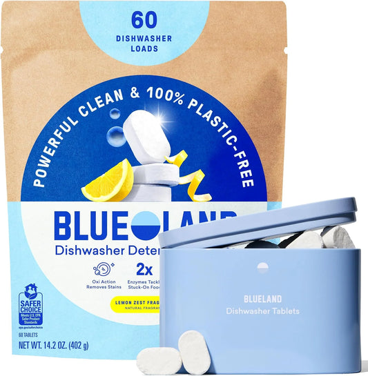 BLUELAND 100% Plastic-Free Dishwasher Detergent Tablets Set, Lemon Zest