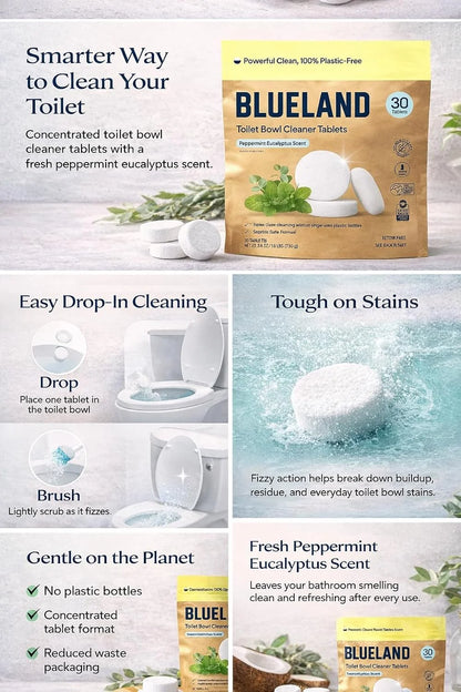 BLUELAND Toilet Bowl Cleaner Tablets. Peppermint Eucalyptus Scent. 30 Tablets.