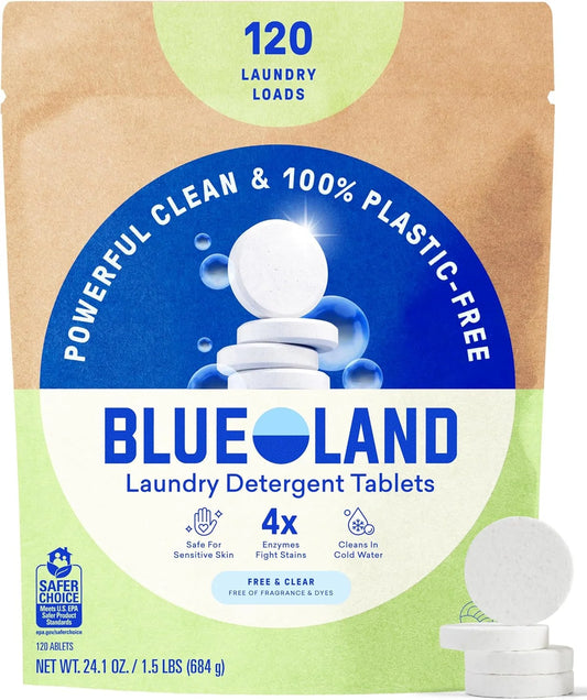 BLUELAND 100% Plastic-Free Laundry Detergent Tablets, 120ct, Free & Clear