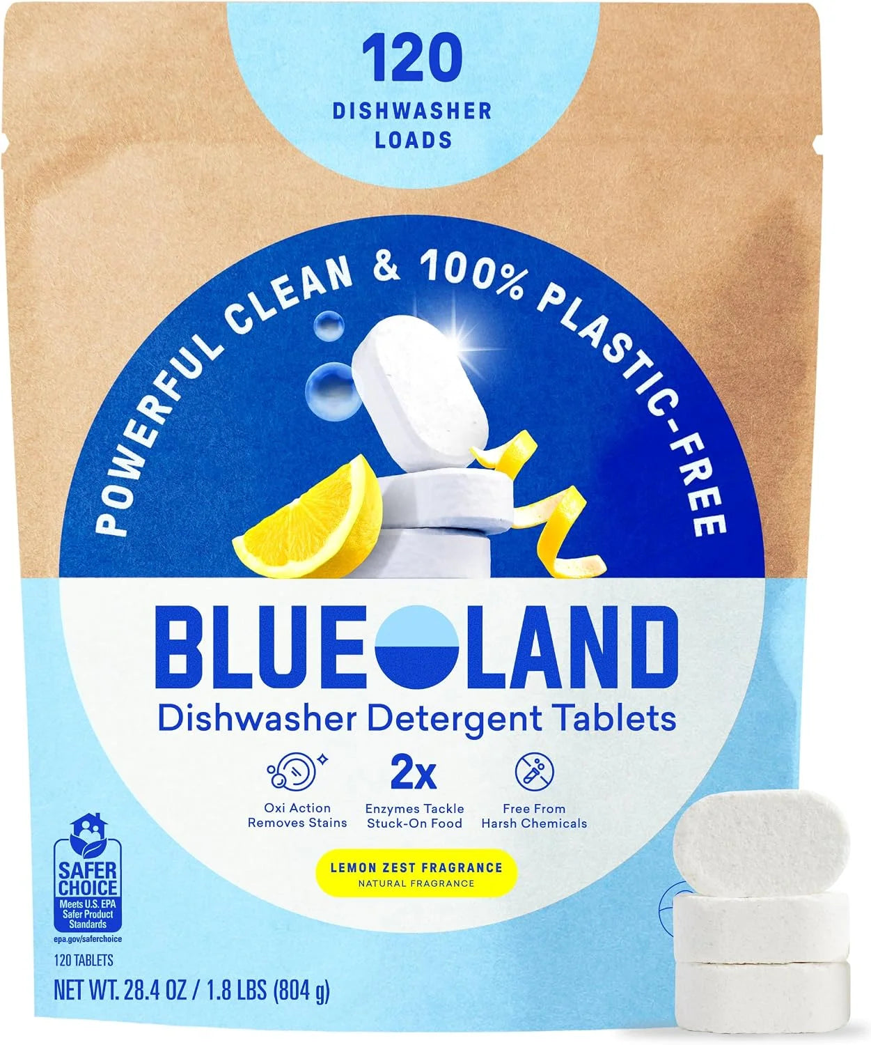 BLUELAND 100% Plastic-Free Dishwasher Detergent Tablets, 120ct, Lemon Zest