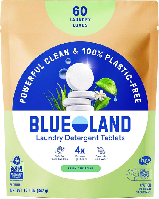 BLUELAND 100% Plastic-Free Laundry Detergent Tablets, 60ct, Fresh Dew