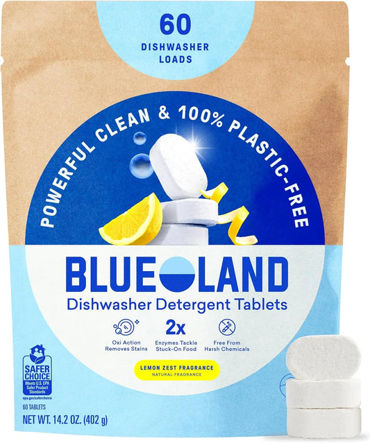 BLUELAND 100% Plastic-Free Dishwasher Detergent Tablets, 60ct, Lemon Zest