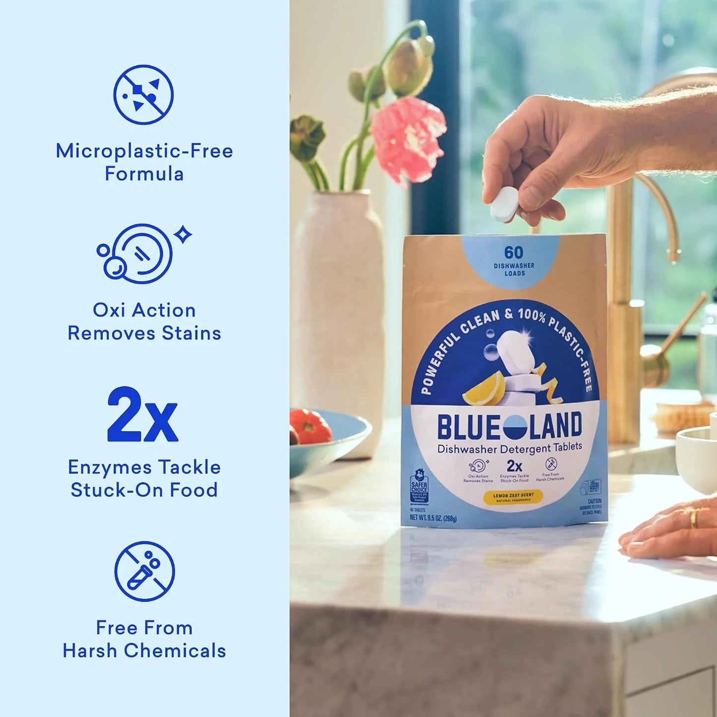 BLUELAND 100% Plastic-Free Dishwasher Detergent Tablets, 120ct, Lemon Zest