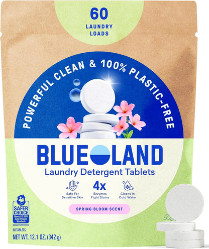 BLUELAND 100% Plastic-Free Laundry Detergent Tablets, 60ct, Spring Bloom